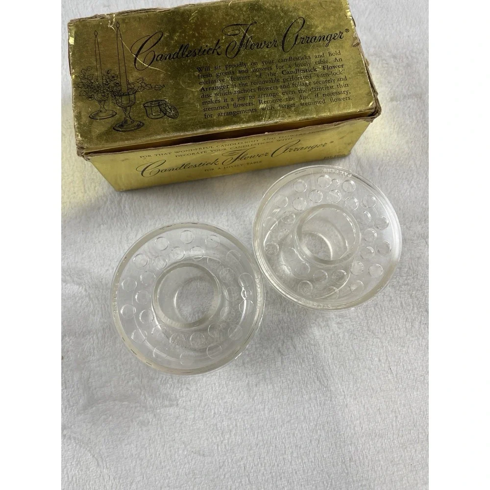 Vtg MCM Clear Plastic Candlestick Flower Arrangers Set of Two in Box